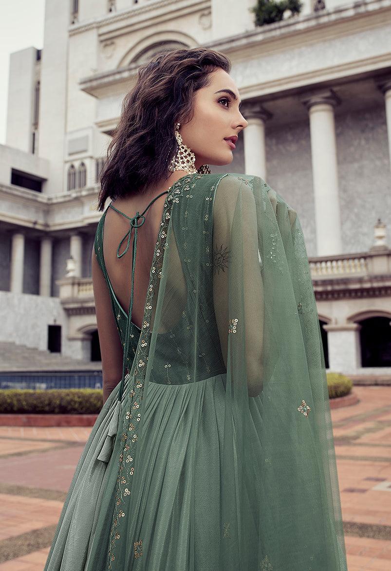 Chinon Thread Sequence Floor Length Gown In Pista Green - Indiakreations