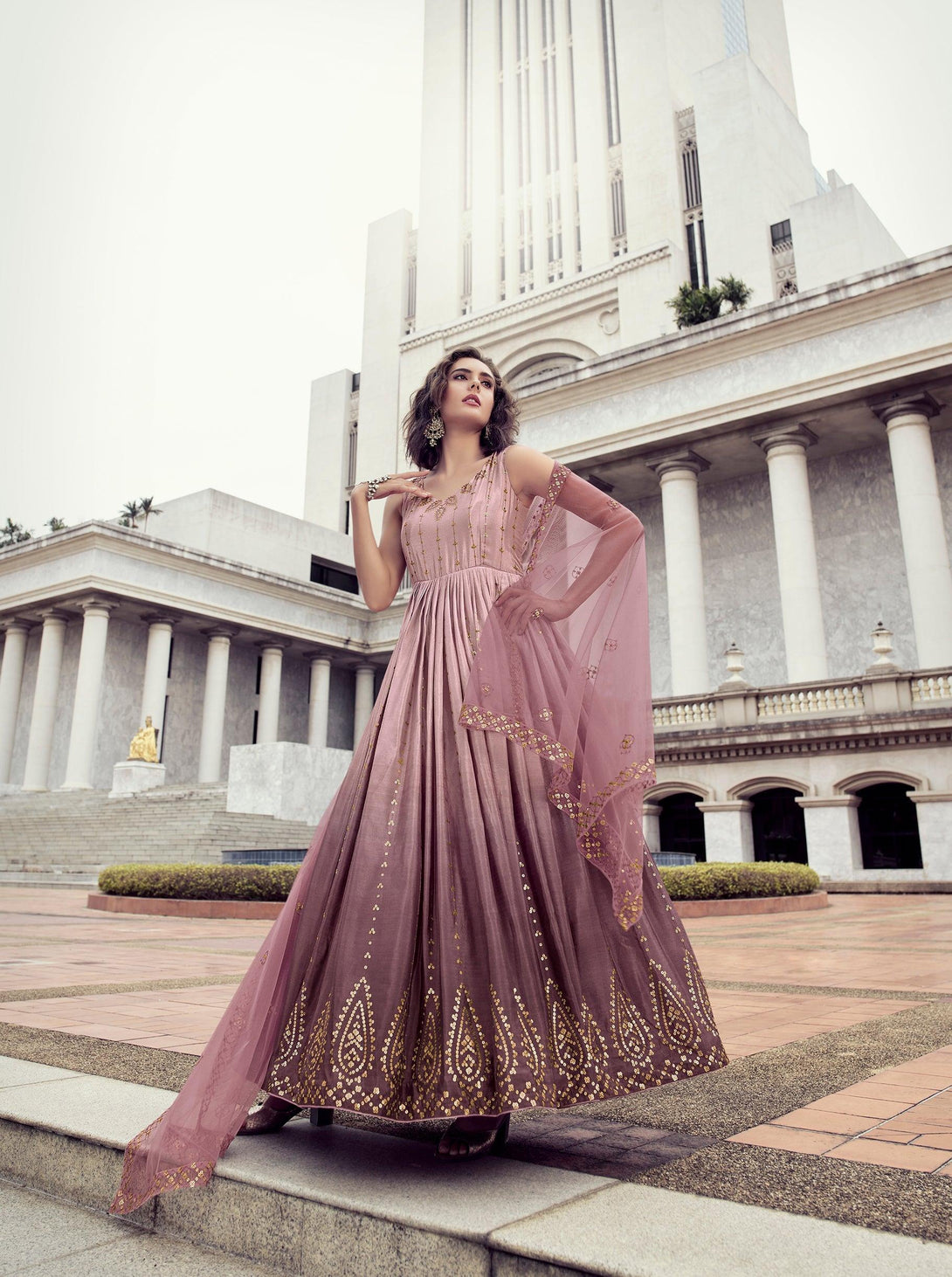 Fancy Thread Sequence Chinon Sangeet Gown In Dusty Pink - Indiakreations