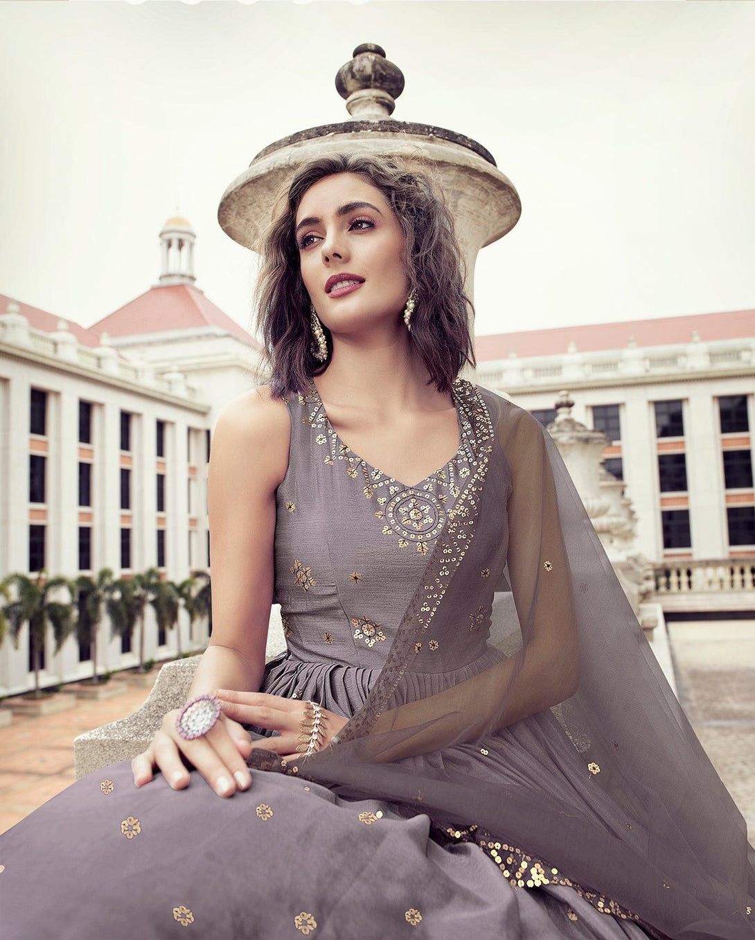 Trendy Embroidered Chinon Designer Gown In Dusty Purple - Indiakreations