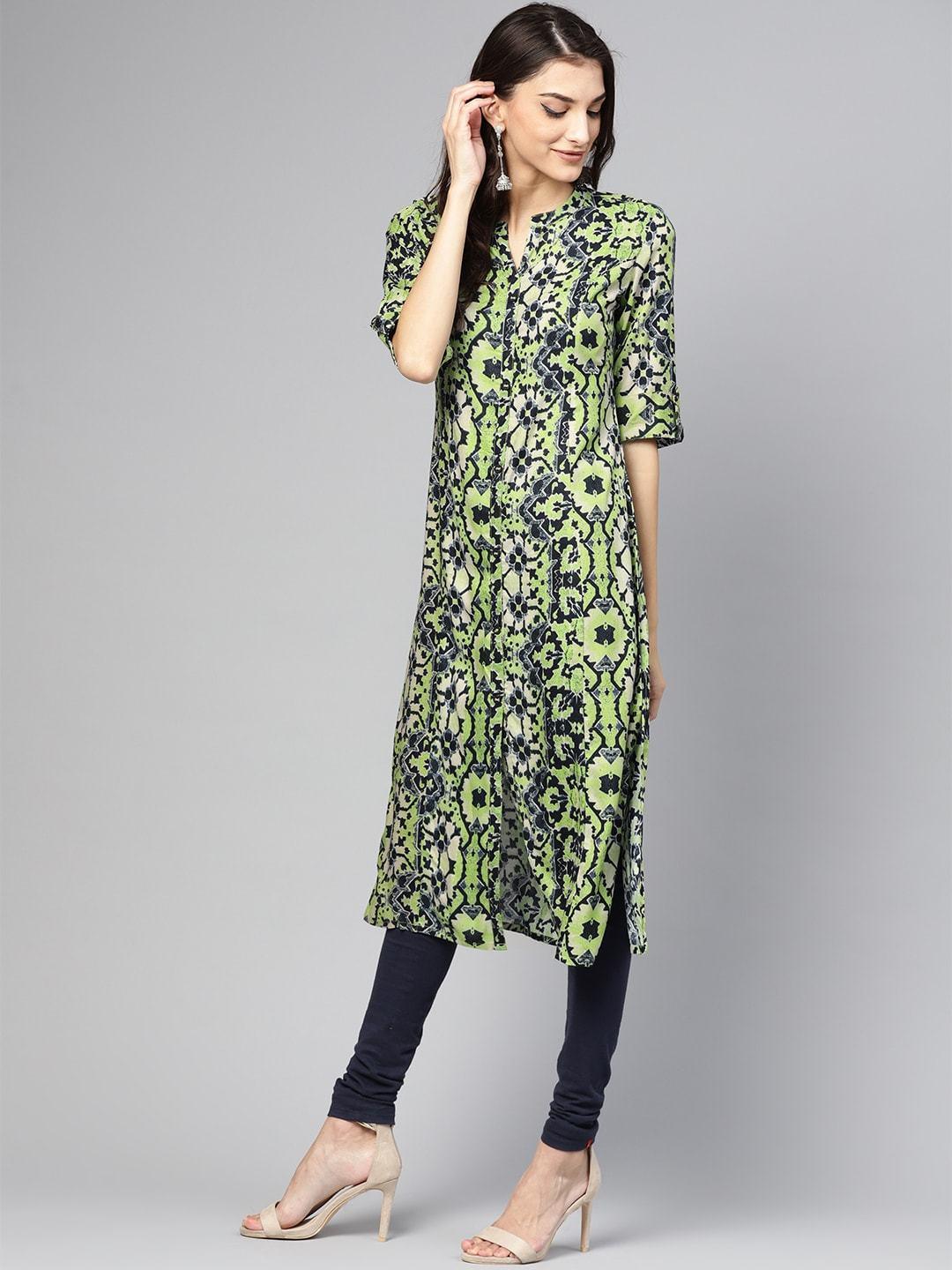 Women's Green & Navy Printed Straight Kurta - Meeranshi - Indiakreations