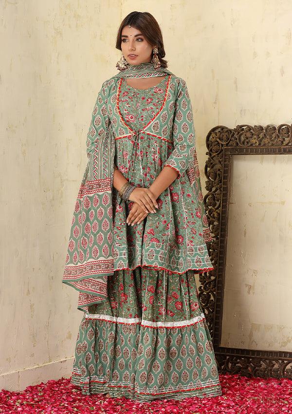 Green Floral Printed Cotton Sharara With Dupatta Set - Indiakreations