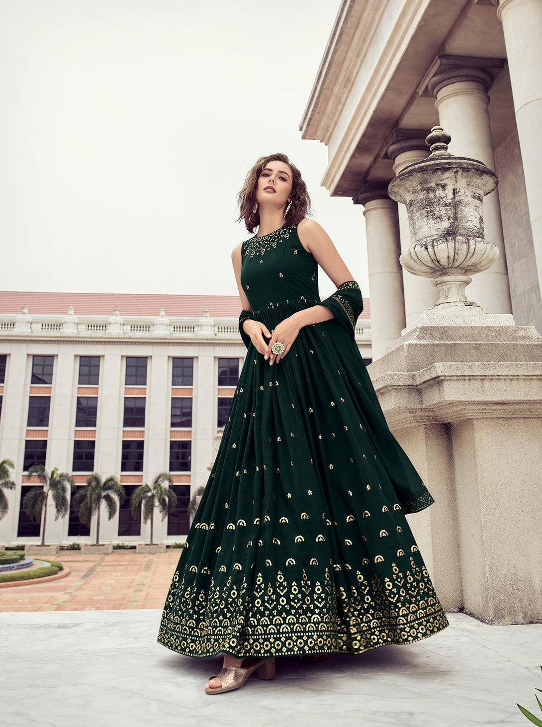 Beautiful Georgette Green Thread Trendy Gown - Indiakreations