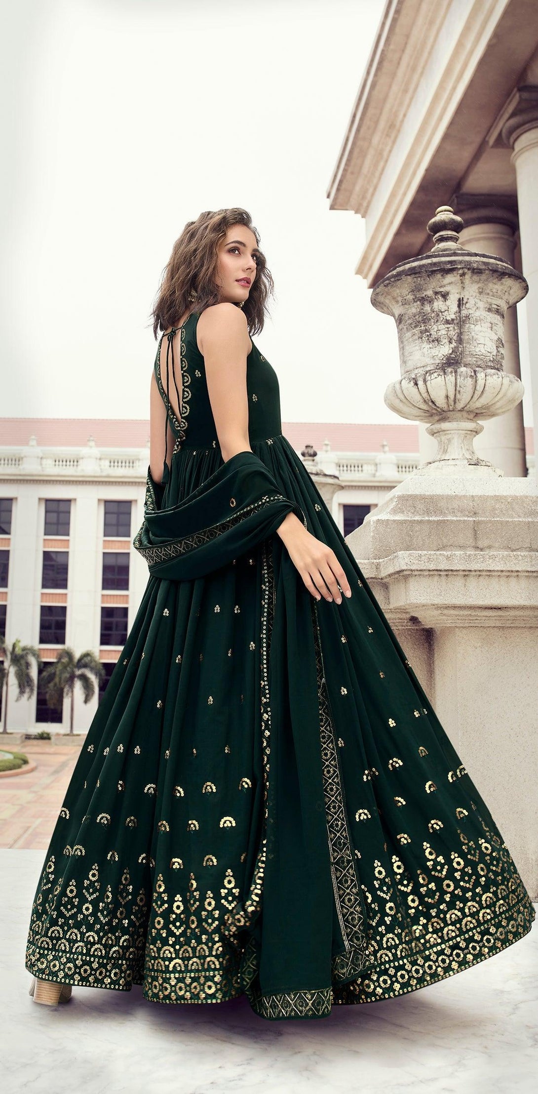 Beautiful Georgette Green Thread Trendy Gown - Indiakreations