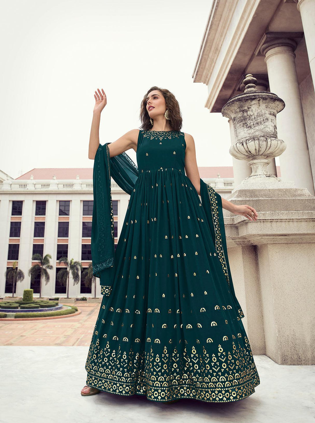 Designer Georgette Rama Embroidered Gown - Indiakreations