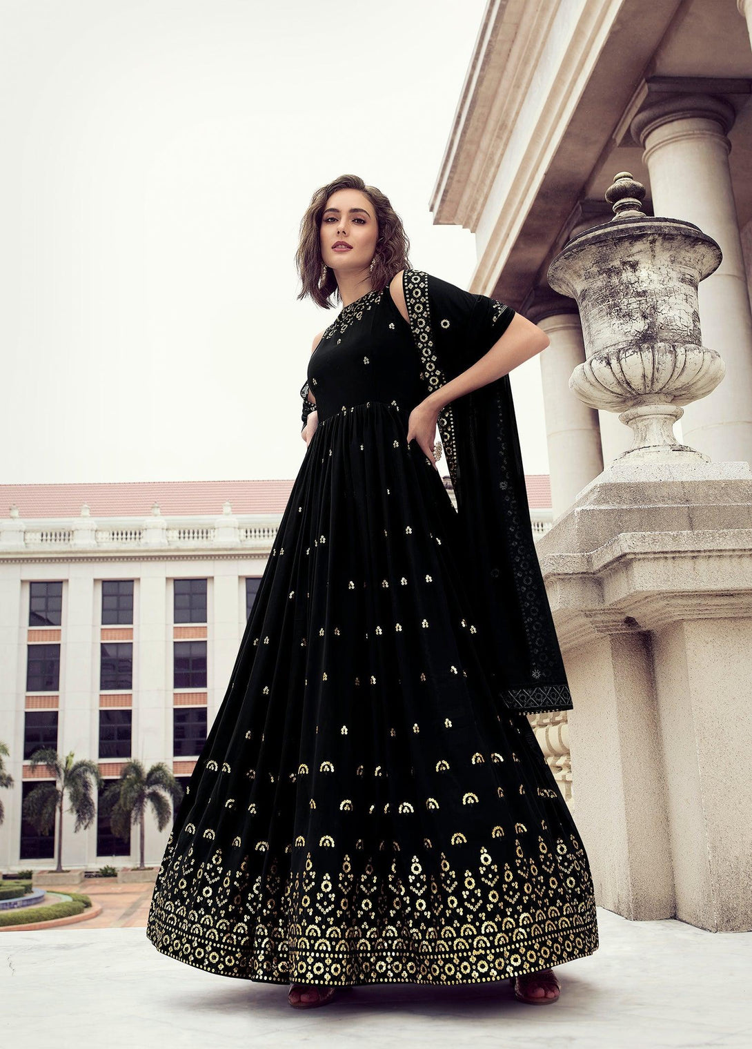 Fancy Thread Sequence Georgette Sangeet Gown In Black - Indiakreations
