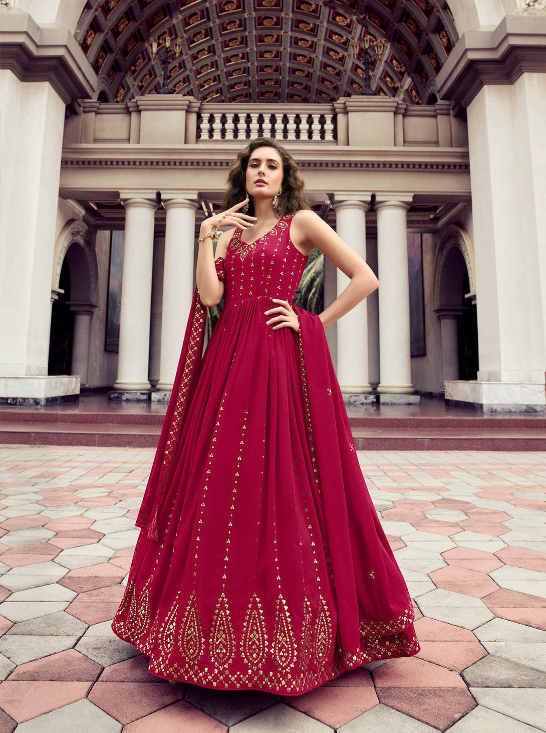 Gorgeous Georgette Thread Sequence Floor Length Gown In Rani - Indiakreations