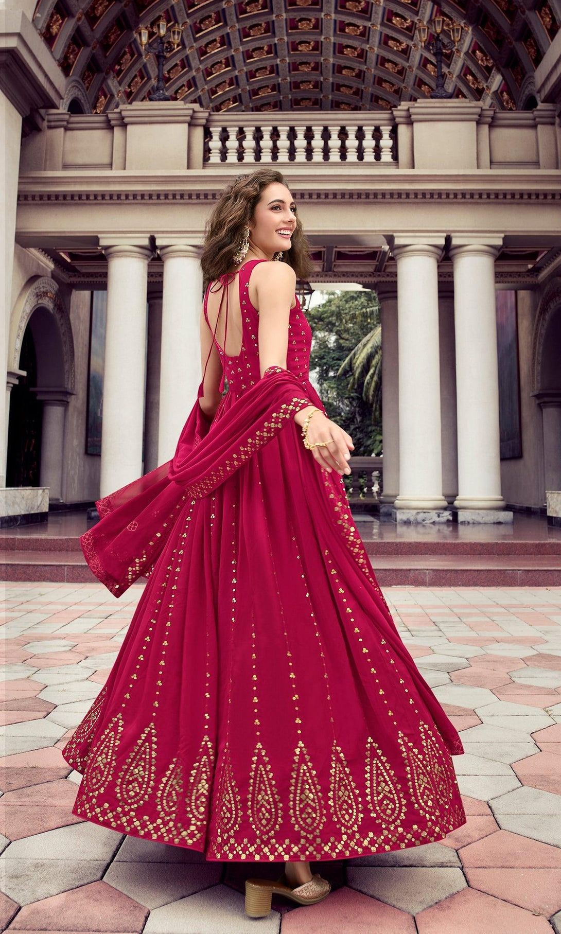 Gorgeous Georgette Thread Sequence Floor Length Gown In Rani - Indiakreations