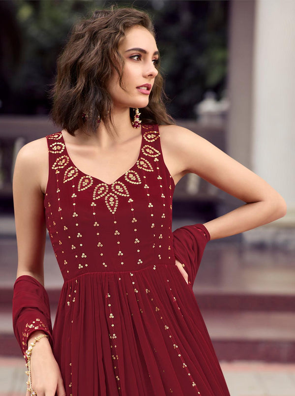 Wedding Wear Glaring Embroidery Work On Maroon Pure Georgette Gown - Indiakreations