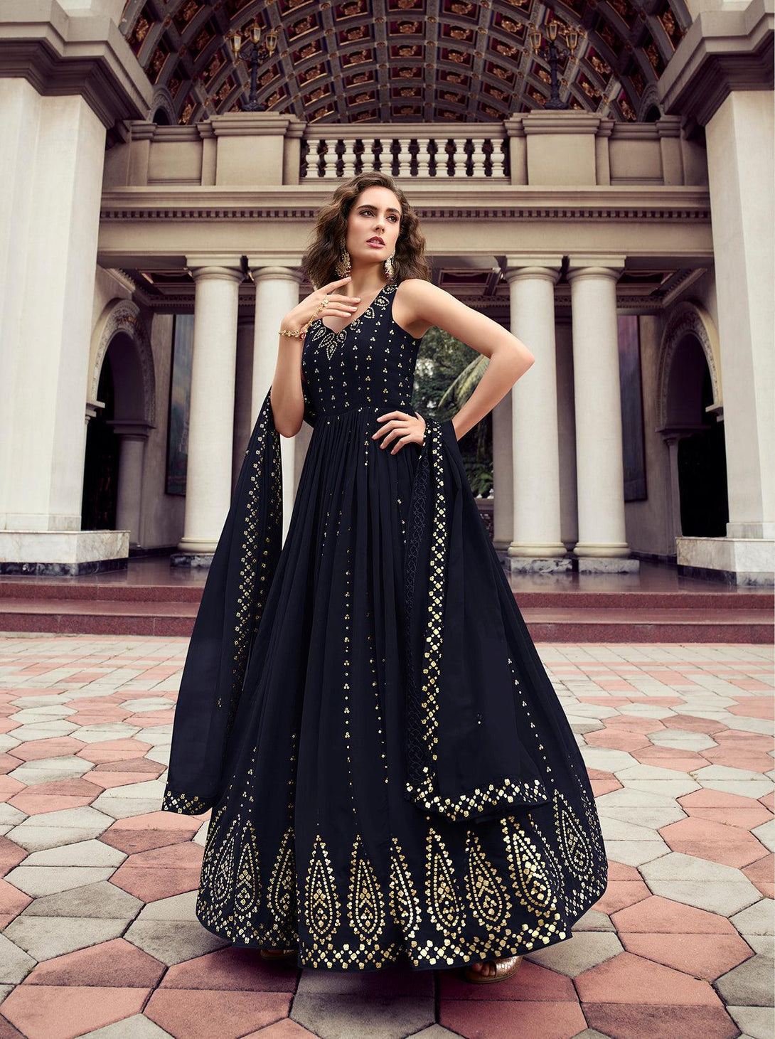 Designer Dark Blue Color Party Style Embroidered Readymade Gown - Indiakreations
