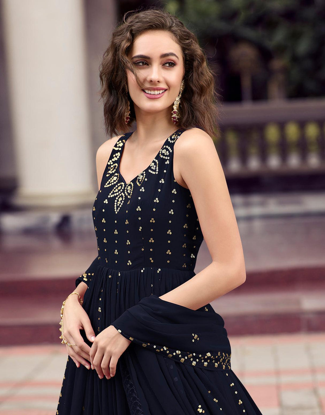 Designer Dark Blue Color Party Style Embroidered Readymade Gown - Indiakreations
