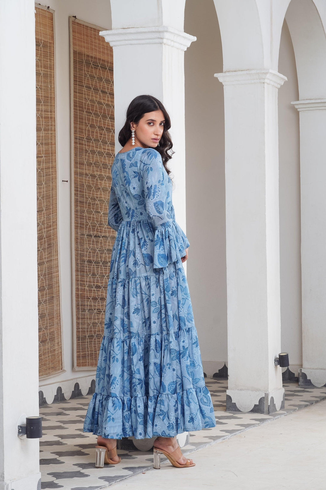 Blue floral frill Maxi - Indiakreations