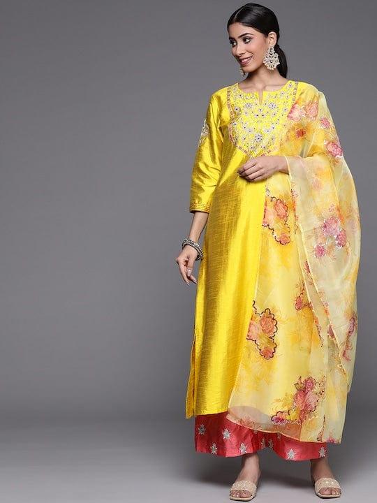 Varanga Women Mustard Yellow Floral Embroidered Kurta with Trousers & Dupatta - Indiakreations