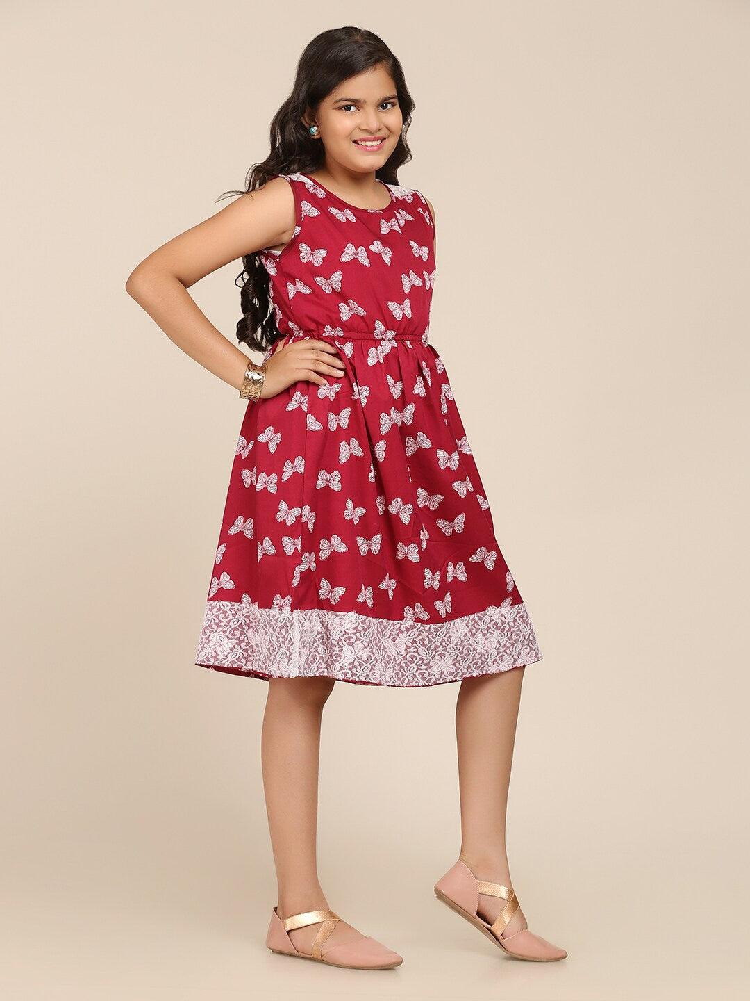 Girl's Maroon & White Floral Dress - NOZ2TOZ KIDS - Indiakreations