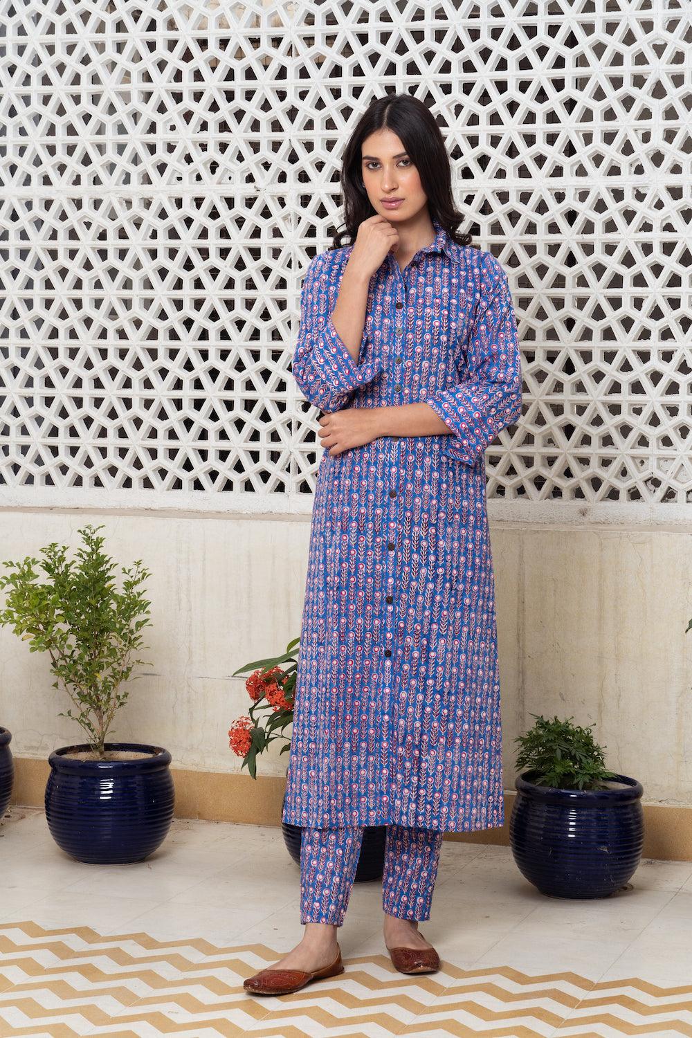 Blue hand block Kurta Set Of 2 - Indiakreations