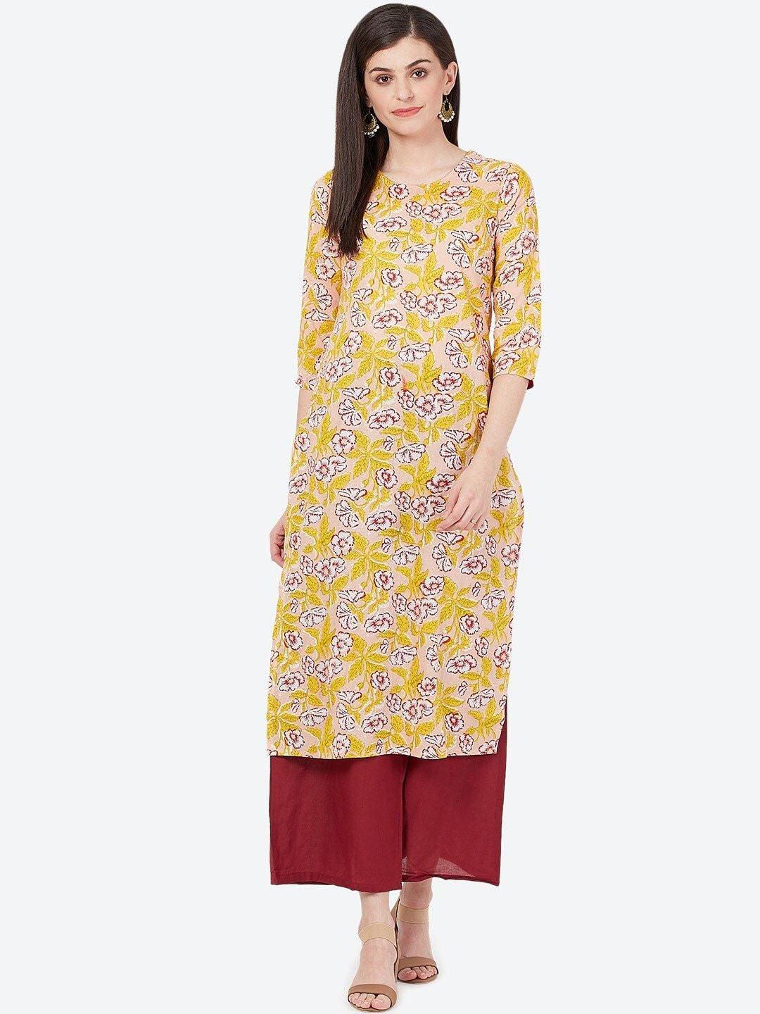 Women's Yellow & Maroon Floral Printed Kurta with Palazzos - Meeranshi - Indiakreations