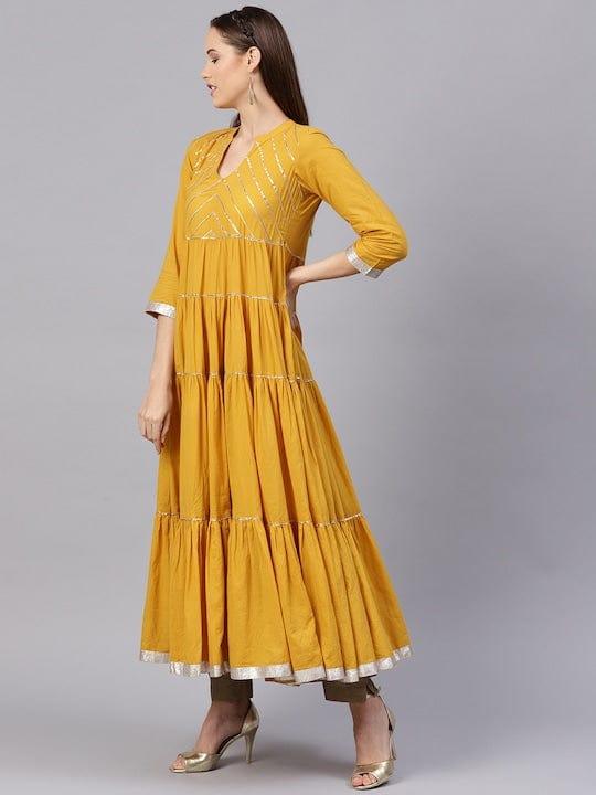 Varanga Women Mustard Yellow Solid Tiered Anarkali Kurta - Indiakreations