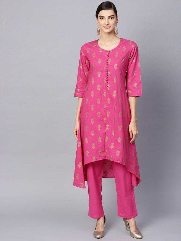 Women's Pink & Golden Printed Kurta with Trousers - Meeranshi - Indiakreations