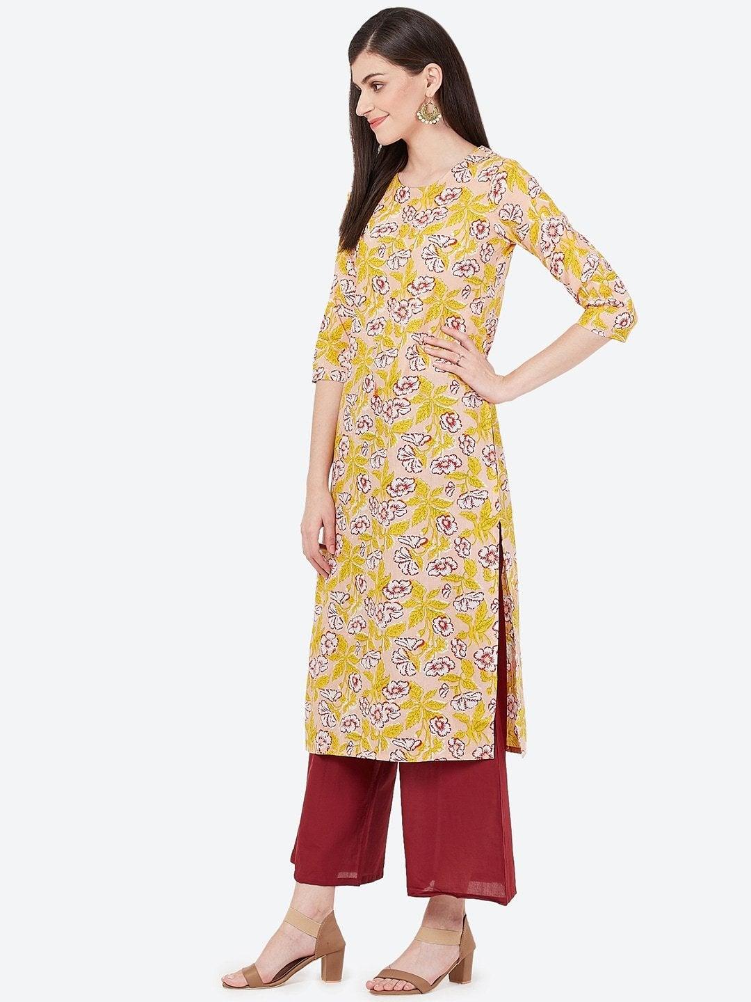 Women's Yellow & Maroon Floral Printed Kurta with Palazzos - Meeranshi - Indiakreations