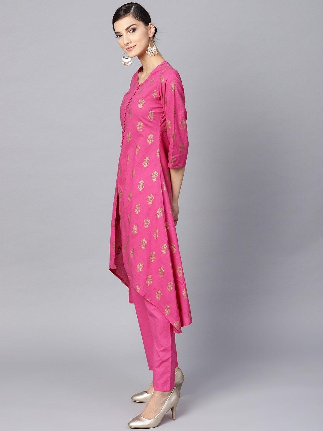 Women's Pink & Golden Printed Kurta with Trousers - Meeranshi - Indiakreations