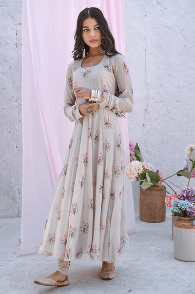 Ambara Grey digital printed Anarkali with Chooridar and Organza dupatta - RTS - Indiakreations