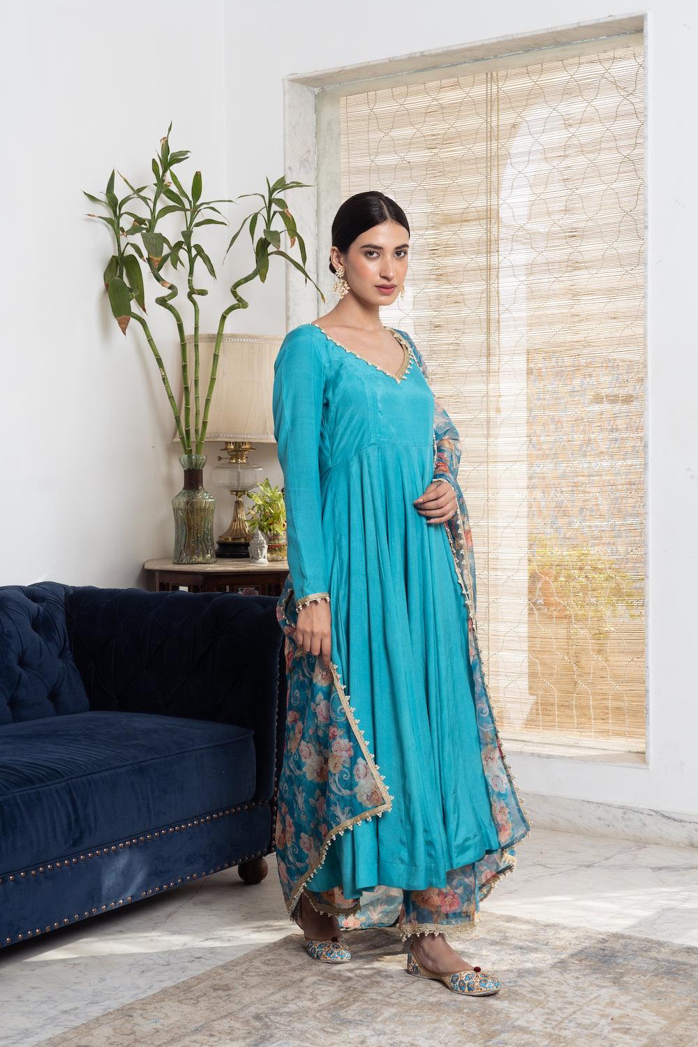 Khwabidah Turquoise Anarkali with floral dupatta Set of 3 - Indiakreations