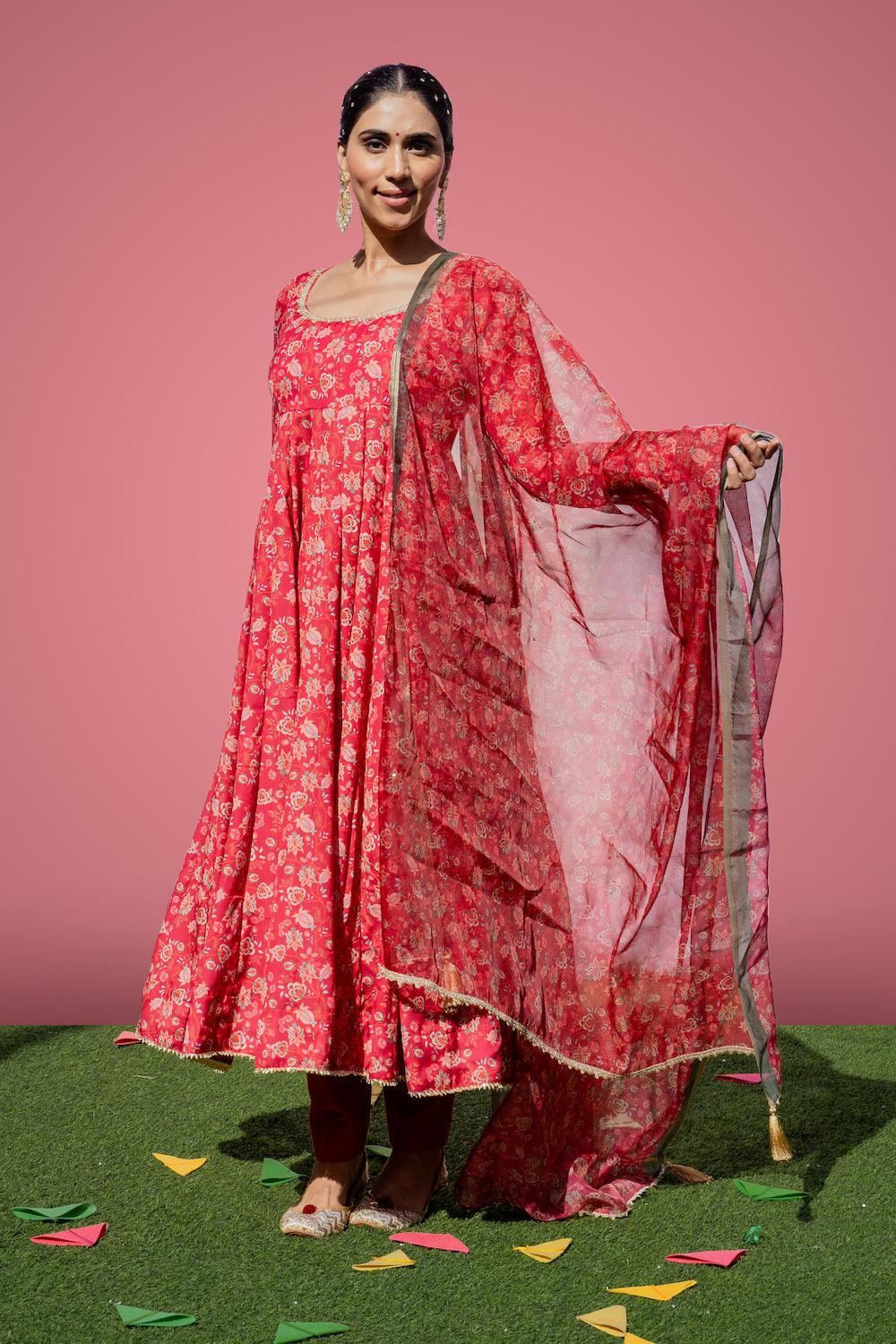 Mehfi Red Anarkali Set - Indiakreations