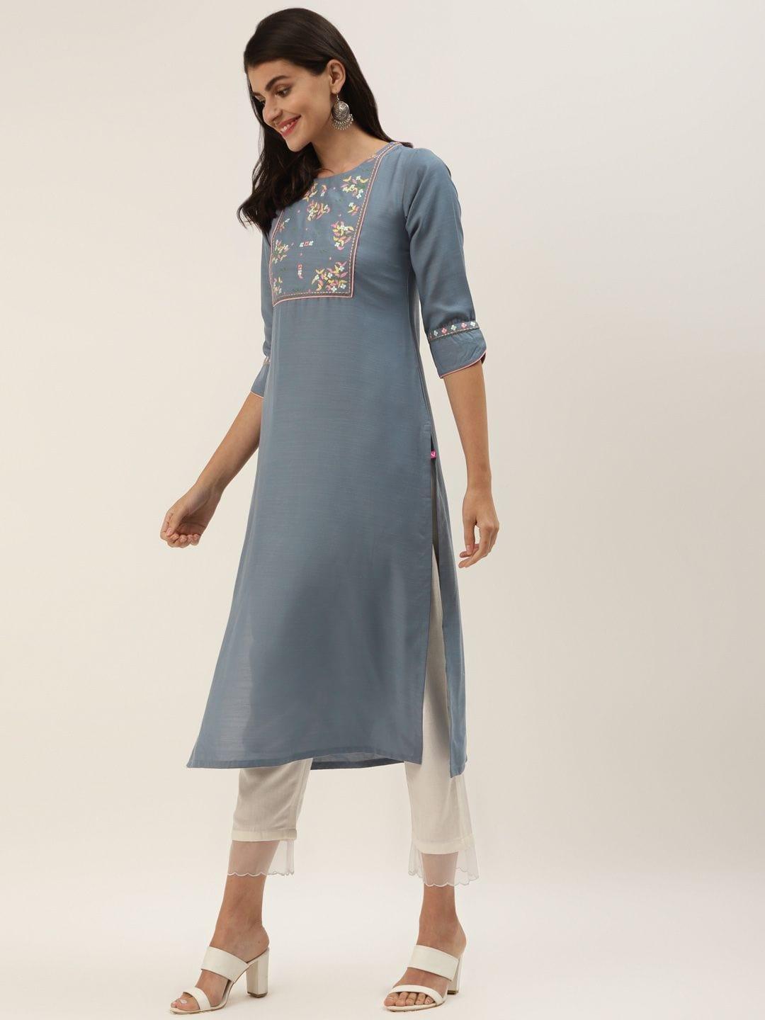 Blue Yoke Design Straight Kurta - Indiakreations