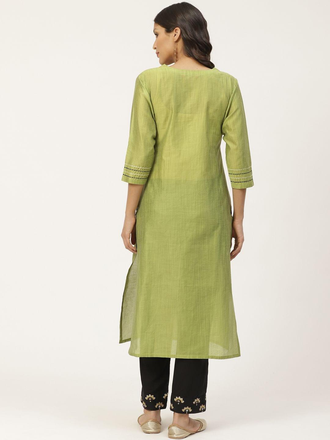 Women Green & Black Zari Yoke Design Kurta With Palazzos - Indiakreations