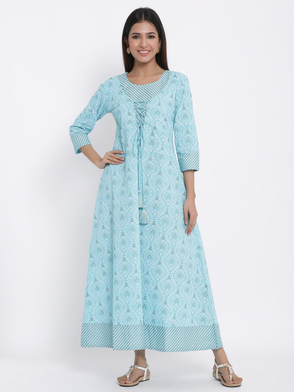 Women's Blue Printed Cotton Anarkali Kurta by Kipek (1 Pc Set)