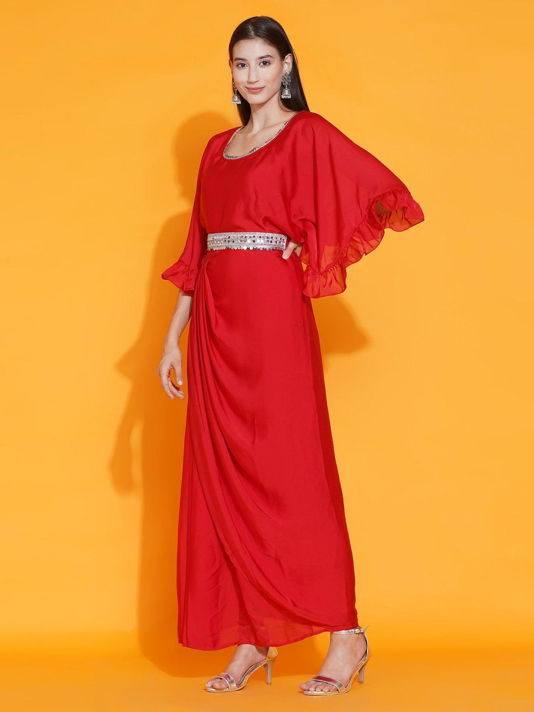 Women's Red Georgette Gown With Embellished Belt - Women Republic - Indiakreations