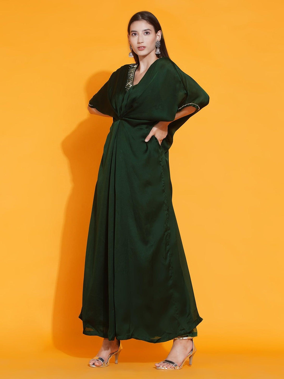 Women's Green Georgette Hand Embellished Kaftan Style Gown - Women Republic - Indiakreations