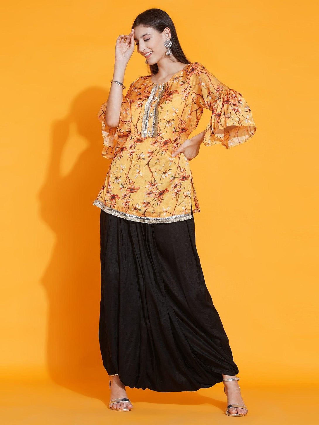 Women's Yellow Printed Satin Georgette Shirt With Bell Slevves And Dhoti - Women Republic - Indiakreations