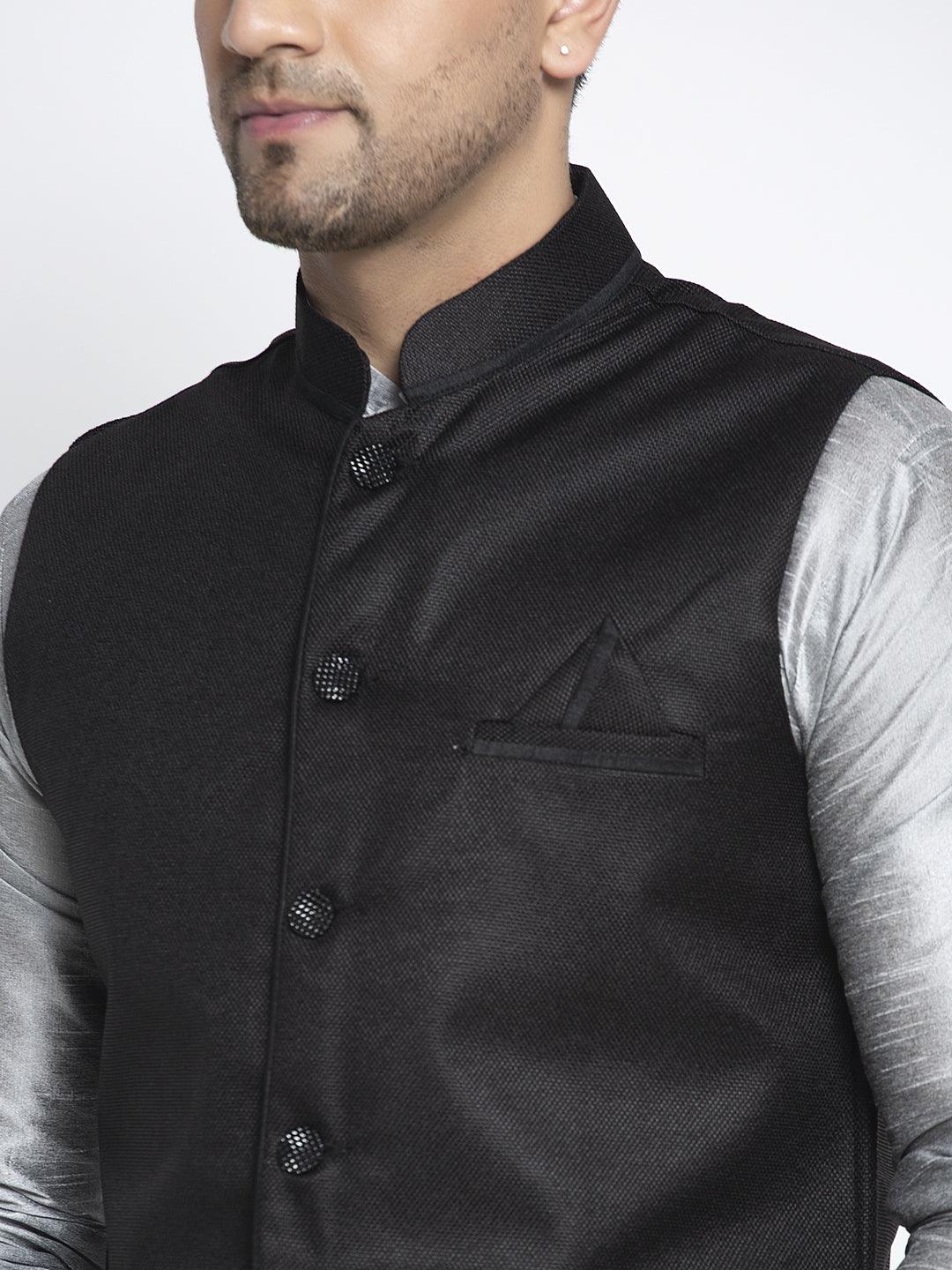 Men's Silk Blend Grey Kurta With Pyjama & Black Nehru Jacket - Benstoke - Indiakreations