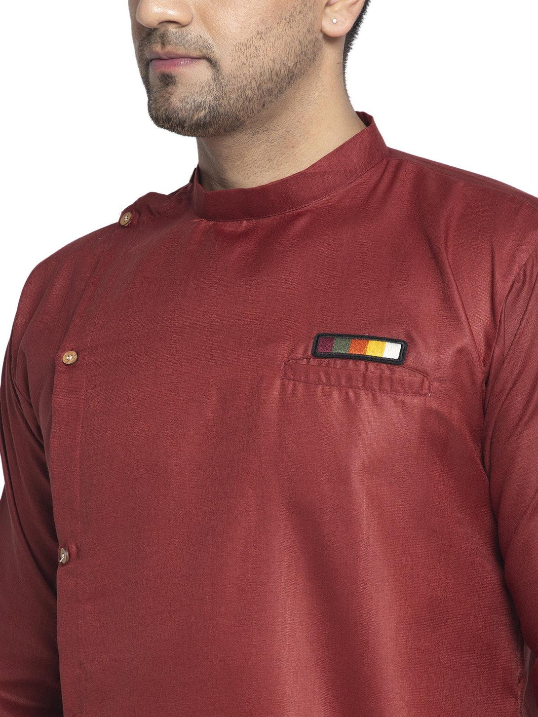 Men's Cotton Maroon Asymmetric Solid Kurta With White Trousers - Benstoke - Indiakreations