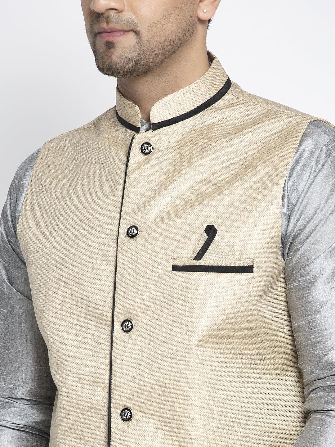 Men's Silk Blend Grey Kurta With Pyjama & Beige Nehru Jacket - Benstoke - Indiakreations