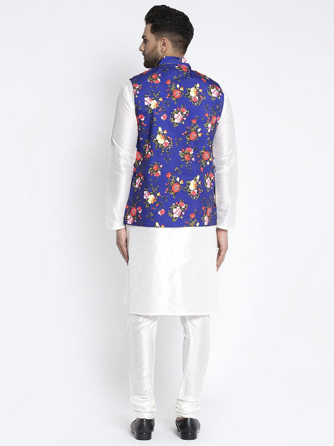 Men's Silk Blend White Kurta With Pyjama & Royal Blue Printed Nehru Jacket - Benstoke - Indiakreations