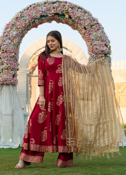 Women's Maroon Hand Block Print Gold Kurta dupatta Set