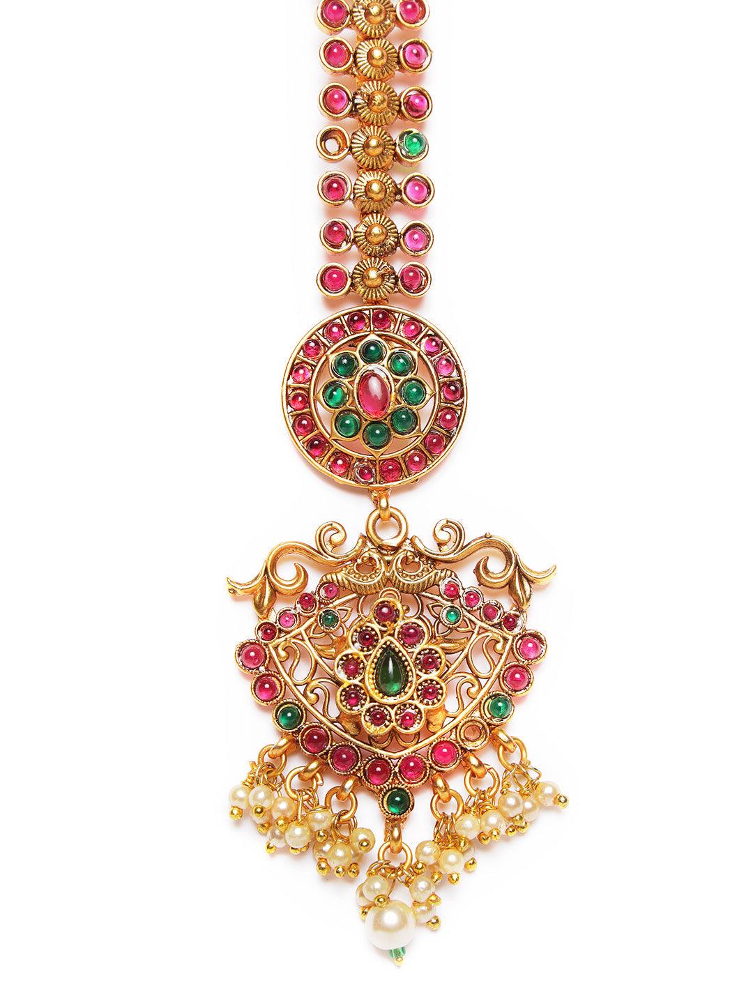 Women's Gold-Plated & Ruby & Emerald Kemp Stones Pearls Maang Tikka - Jazz and Sizzle - Indiakreations