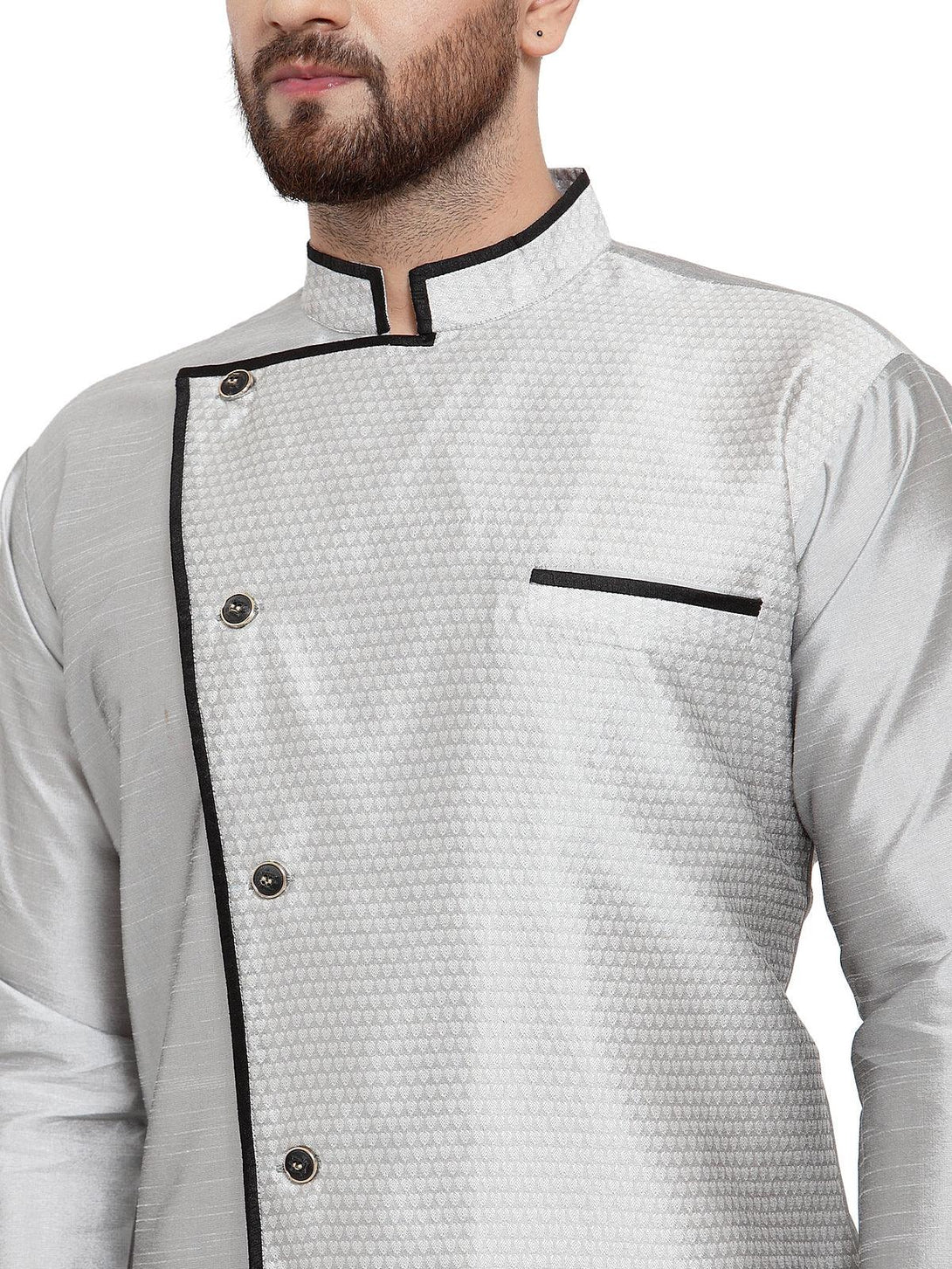 Men's Grey Self Design Kurta With Black Churidaar Pyjama - Benstoke - Indiakreations