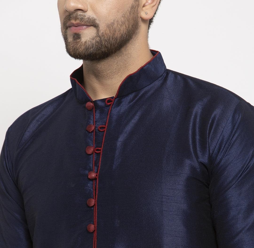 Men's Silk Blend Navy Blue Straight Long Kurta - Benstoke - Indiakreations