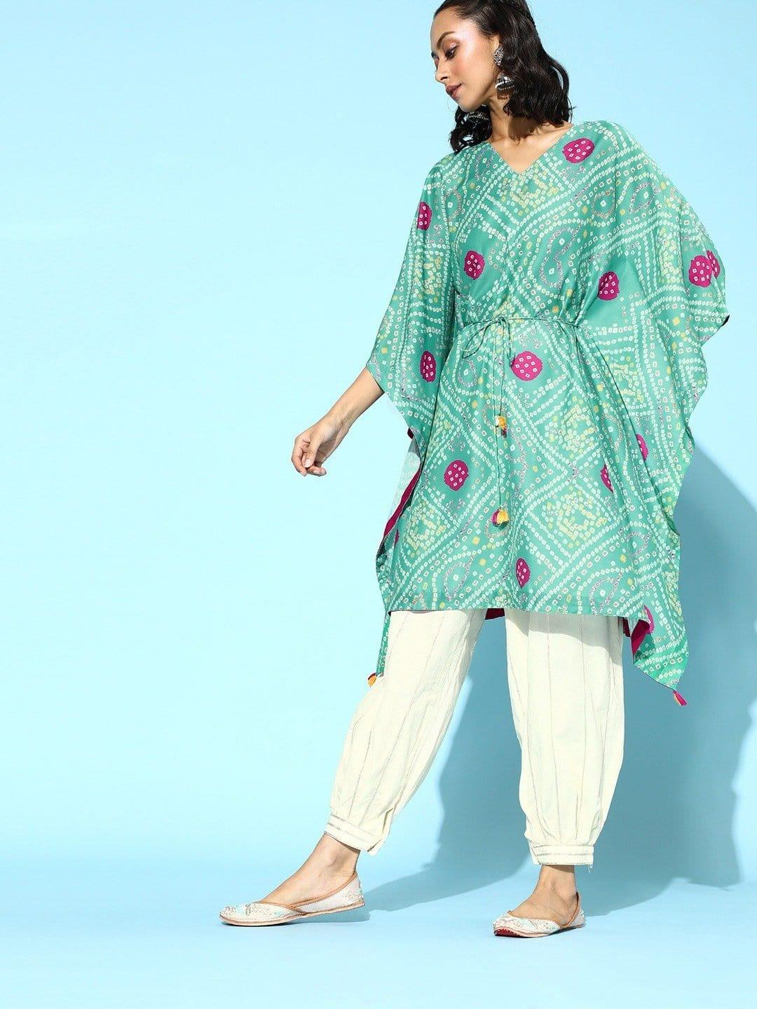 Turquoise Bandhej Printed Tassel Embellished Kaftan With Gota Work Balloon Trouser - Indiakreations