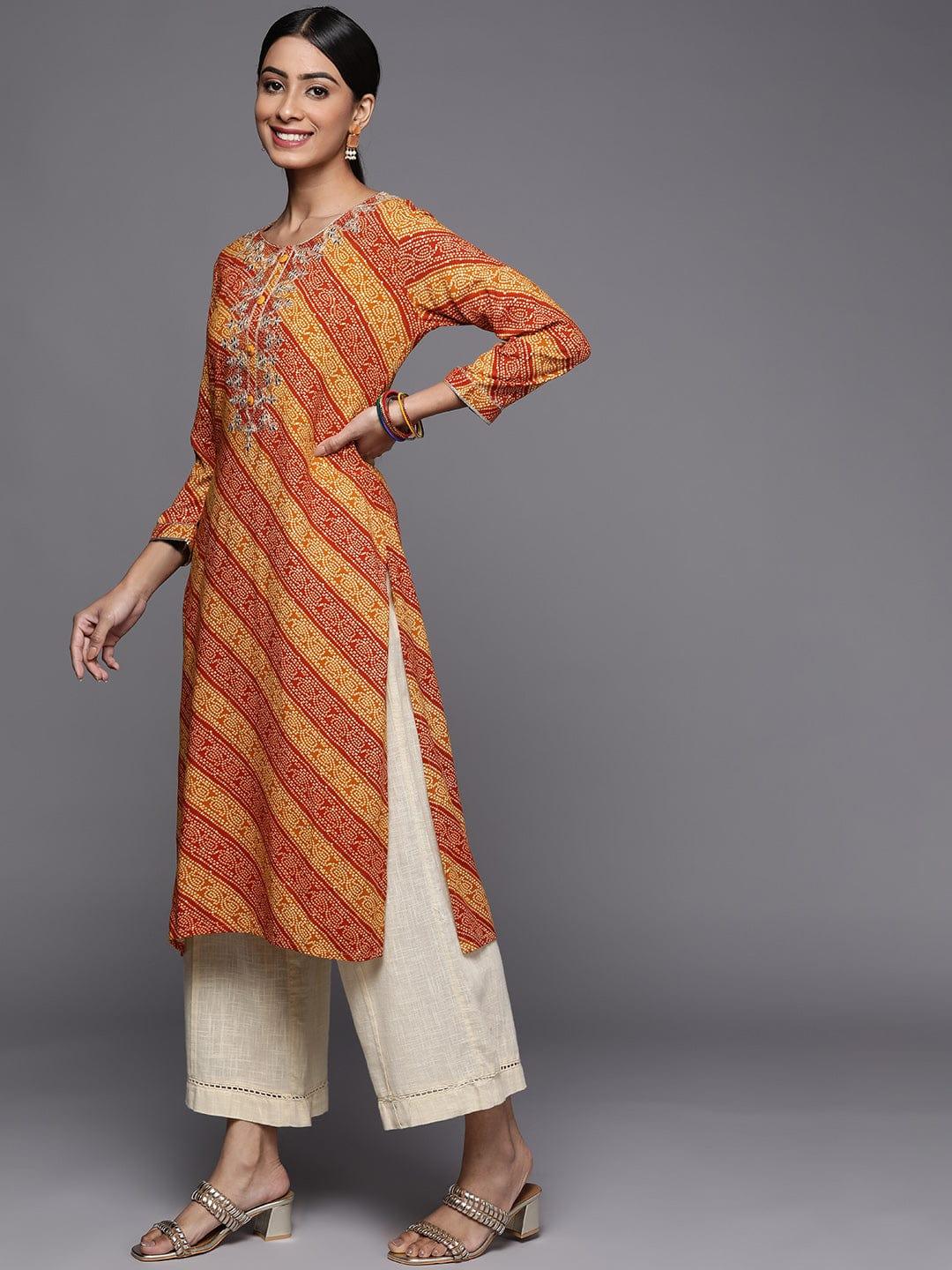 Varanga Women Mustard Yellow & Rust Bandhani Embroidered Gotta Patti Indie Prints Kurta - Indiakreations