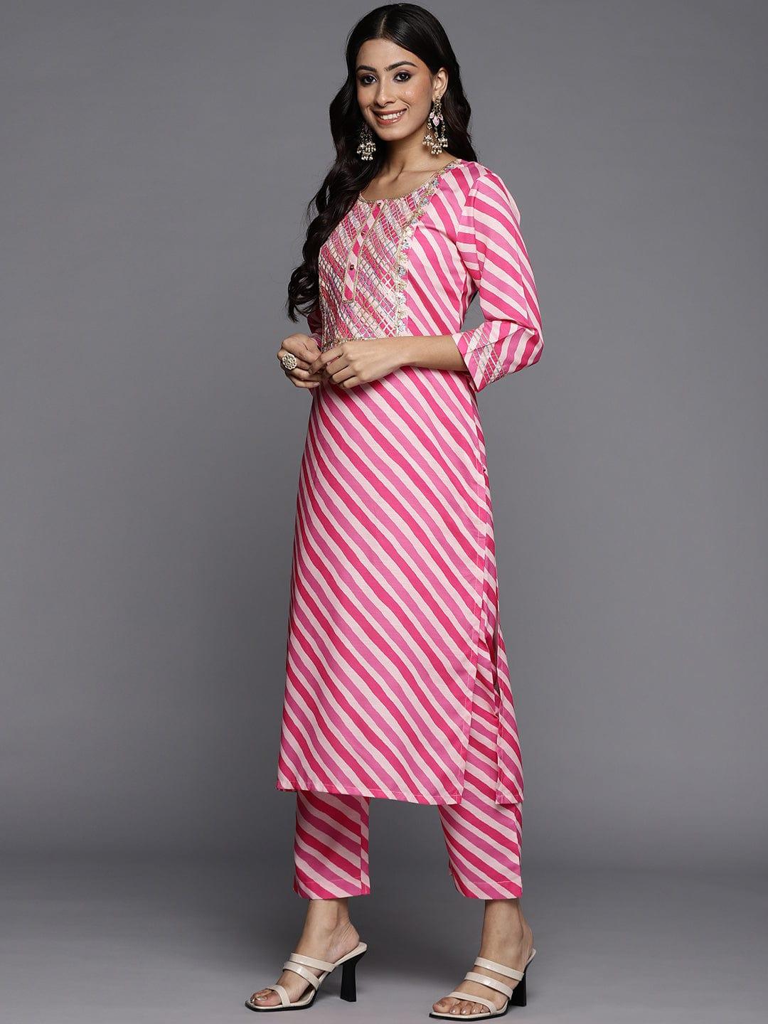 Varanga Women Fuchsia Pink & White Leheriya Striped Gotta Patti Kurta with Trousers - Indiakreations