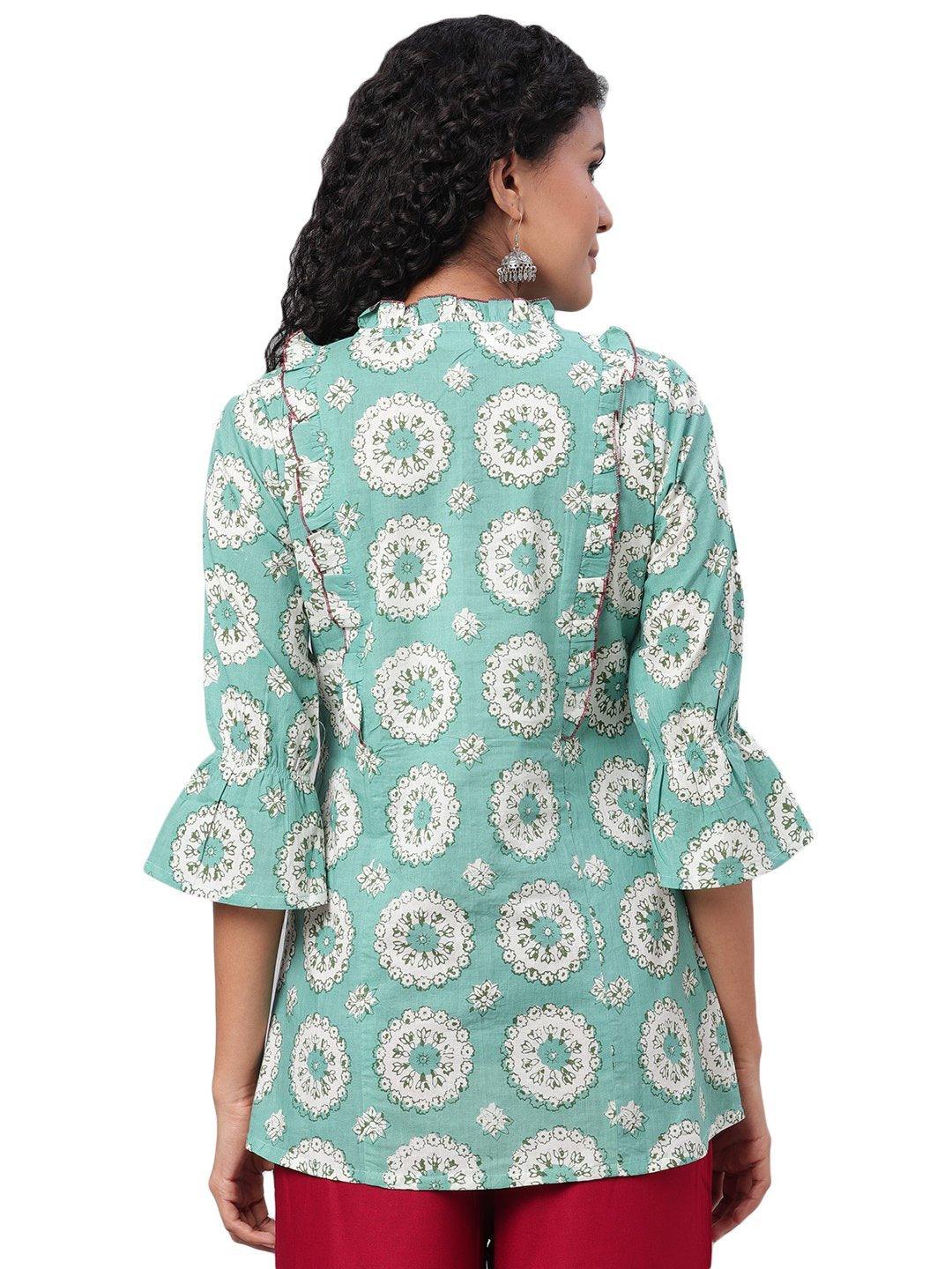 Women Green Printed Cotton Top by Myshka (1 Pc Set) - Indiakreations