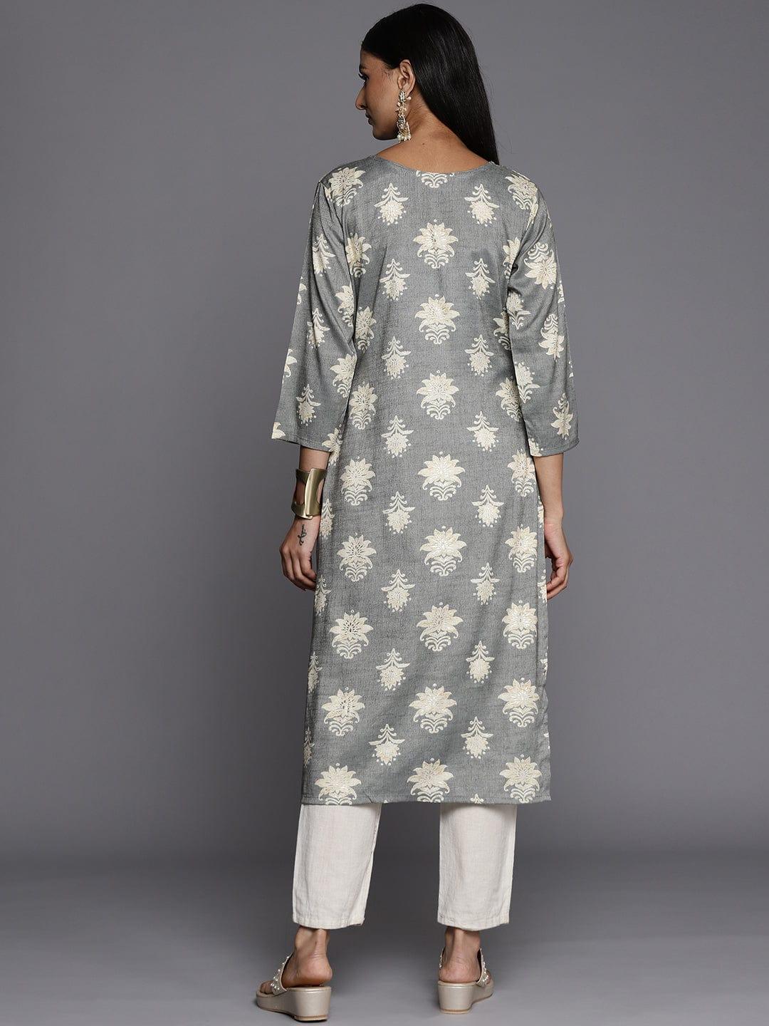 Varanga Women Grey & Cream-Coloured Ethnic Motifs Printed Kurta - Indiakreations