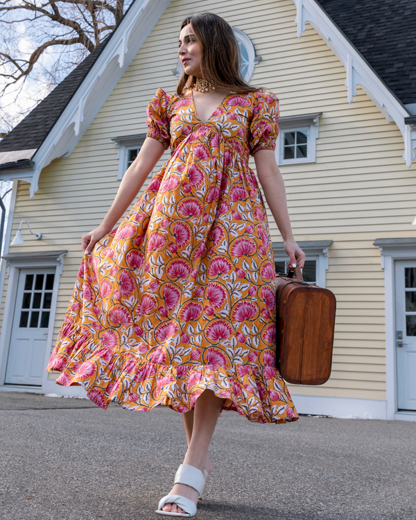 Tangerine Handblock Cotton Dress | Relove