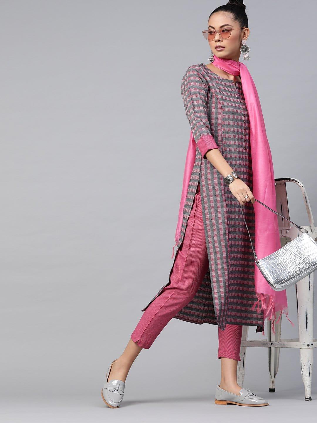 KSUT Grey And Pink Stripe Woven 3/4Th Sleeves Kurta With Slip On Trouser With Pink Silk Dupatta - Indiakreations