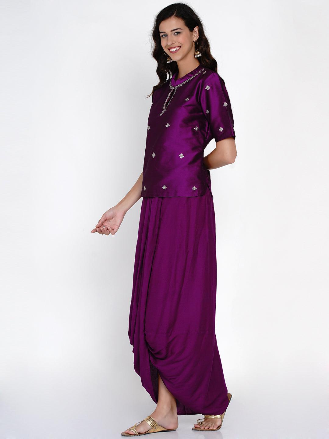 Women's Purple Polyester Embroidered Kurta With Dhoti - Women Republic - Indiakreations