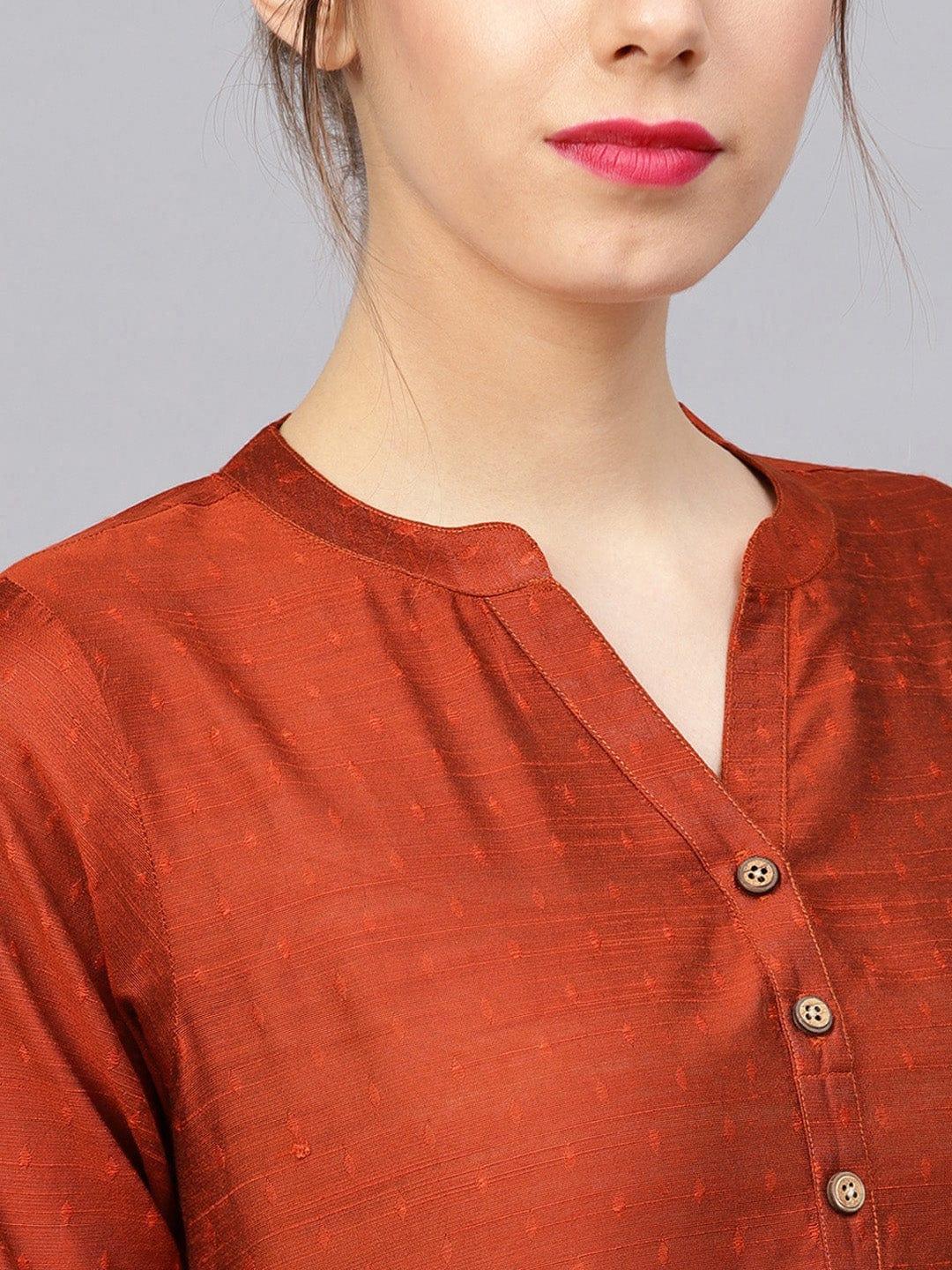 Women Rust Orange Dobby Woven Design Straight Kurta - Indiakreations