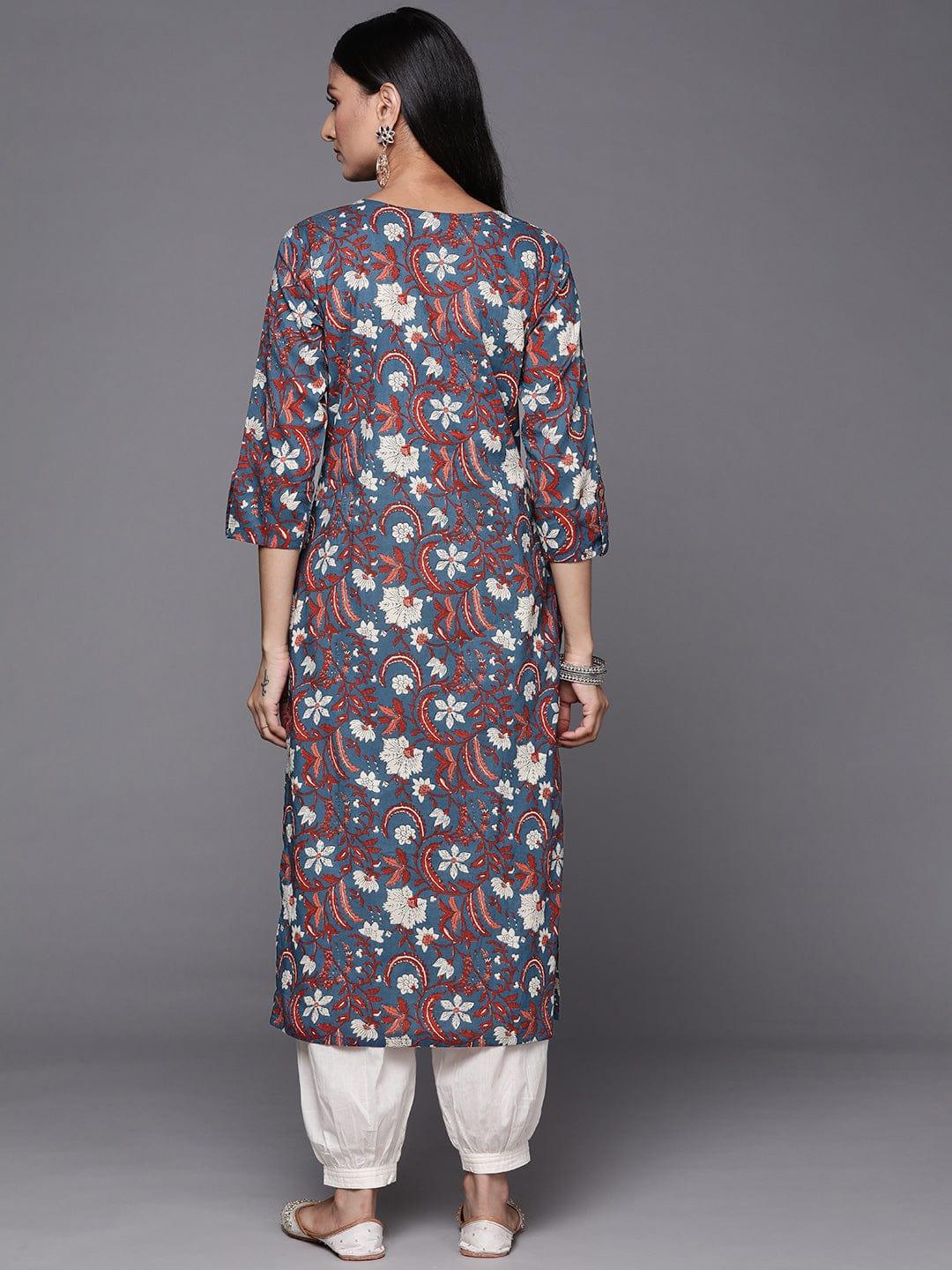 Varanga Women Blue & Maroon Floral Printed Indie Prints Kurta - Indiakreations